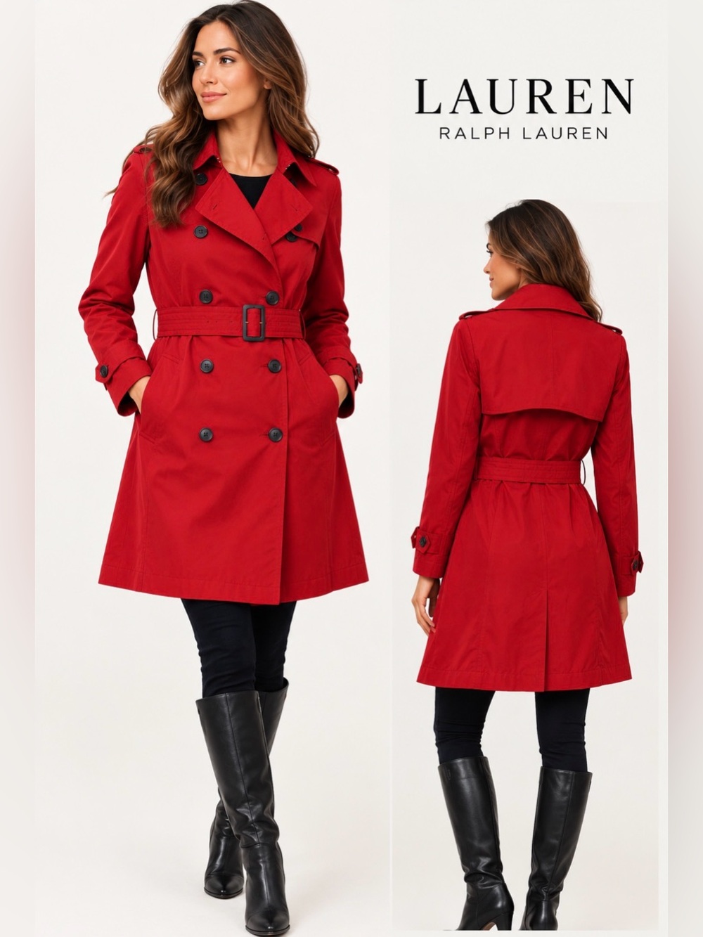 Lauren Ralph Lauren Red Belted Double Breasted Trench Coat L